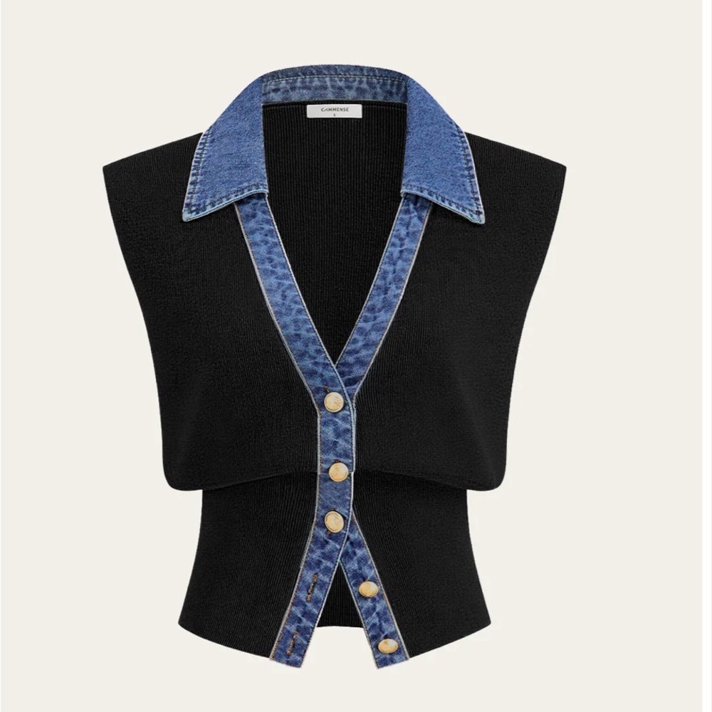 Commense Black Vest with Blue Denim Trim